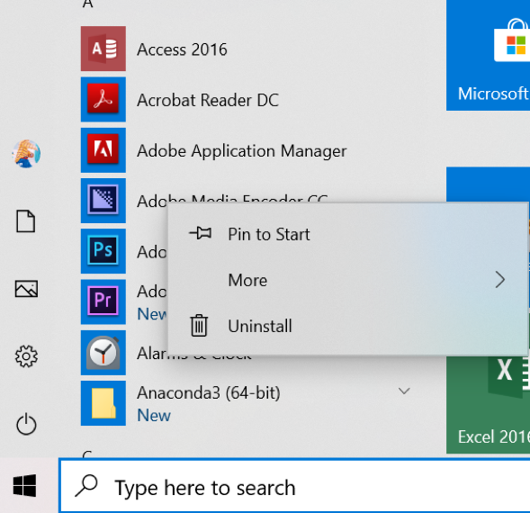 Uninstall from the Start menu