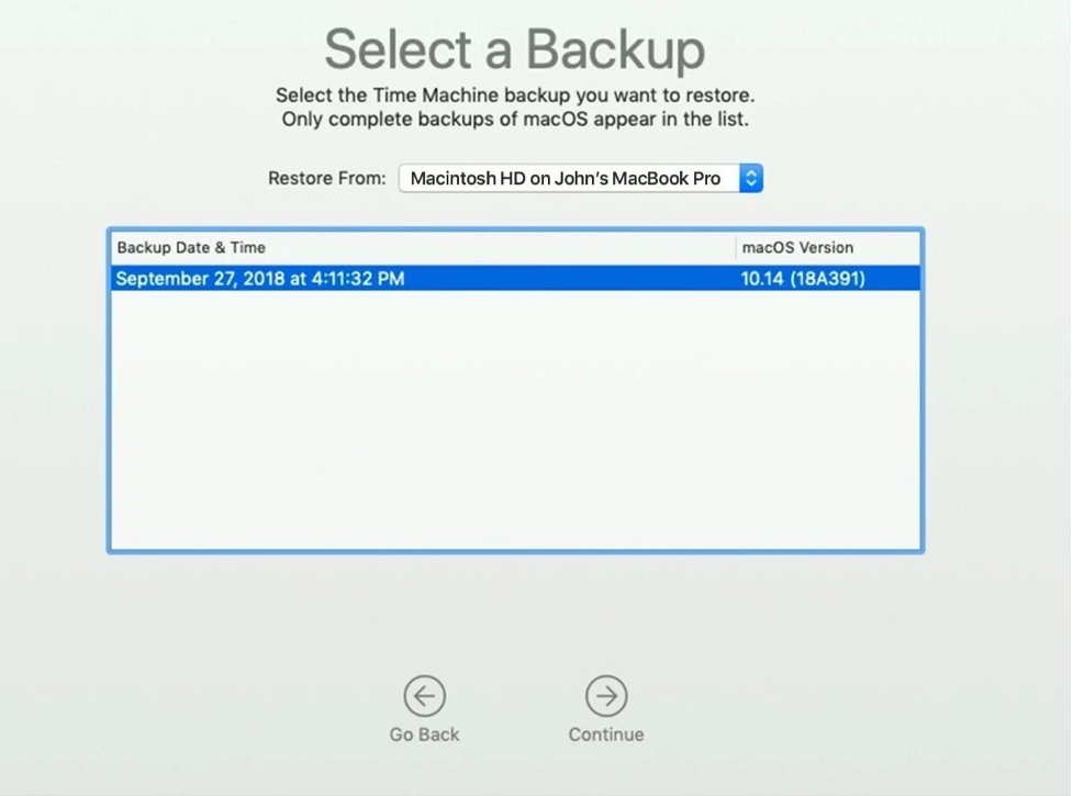 select a backup