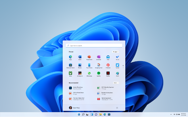 • Centered taskbar and new Start menu