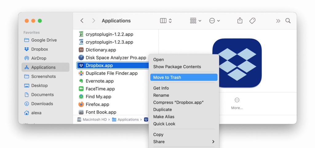 how to uninstall dropbox in mac