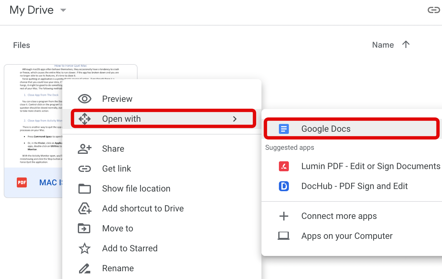 open with > google docs
