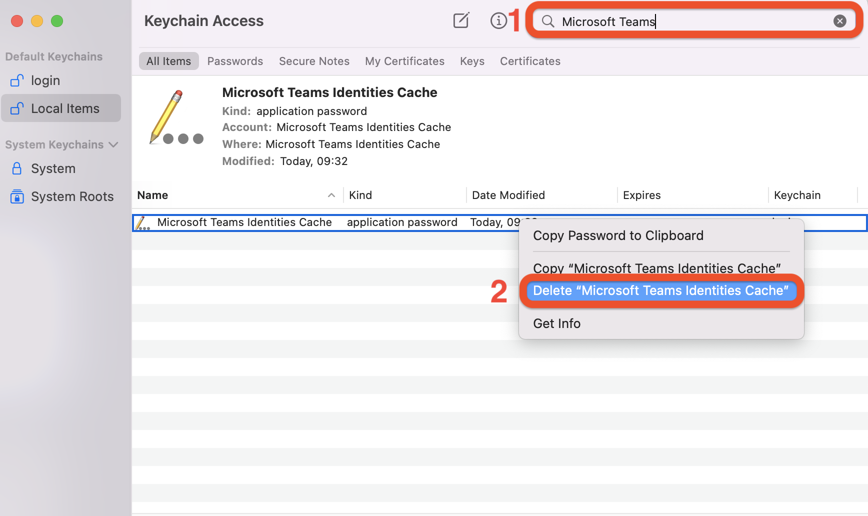 keychain access- delete teams cache