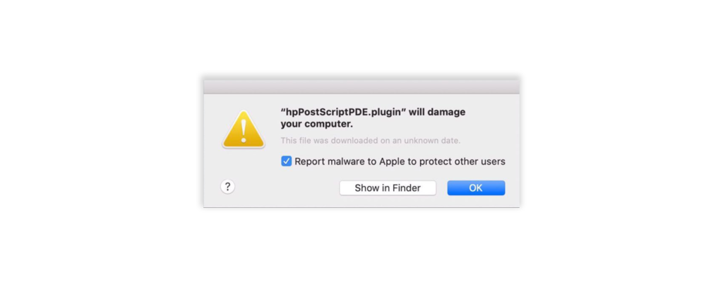 Mac OS system warning says that HP Printer Driver will damage the computer.